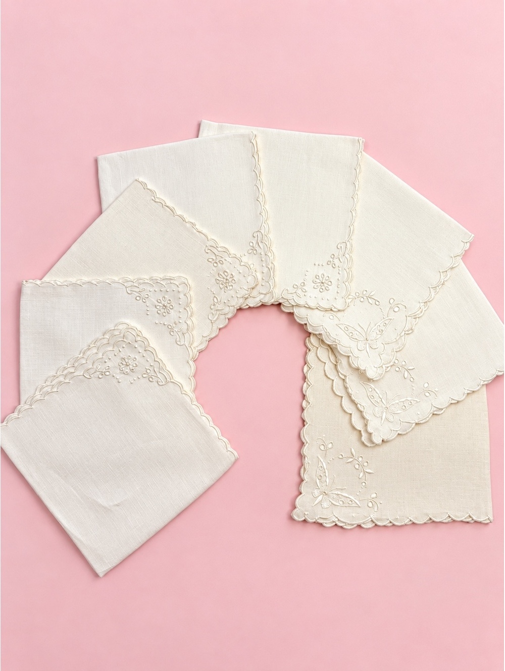 8 VTG MCM Hand Embroidered Linen Napkins White Farmhouse Table Setting 11”